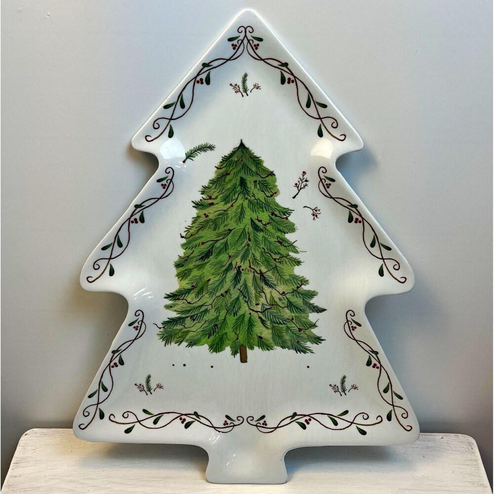 Christmas Tree Shaped Melamine Serving Platter Holiday Cookie Tray Berry Vine